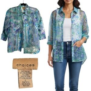 Choices Vintage Semi Sheer Burnout Long Sleeve Button Down Floral Top